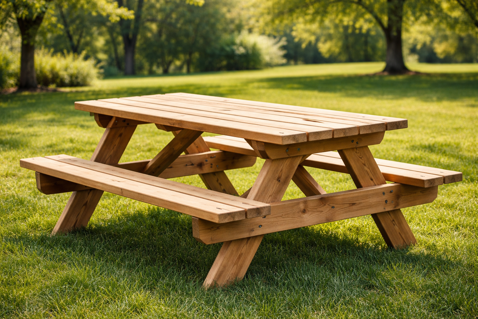 Wooden picnic table with attached seats that comfortably seats eight adults